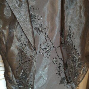 Dave's Bridal 2 pc shimmery beaded dress & voile jacket khaki green sz 10